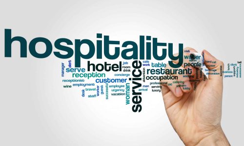 Hospitality word cloud concept on grey background